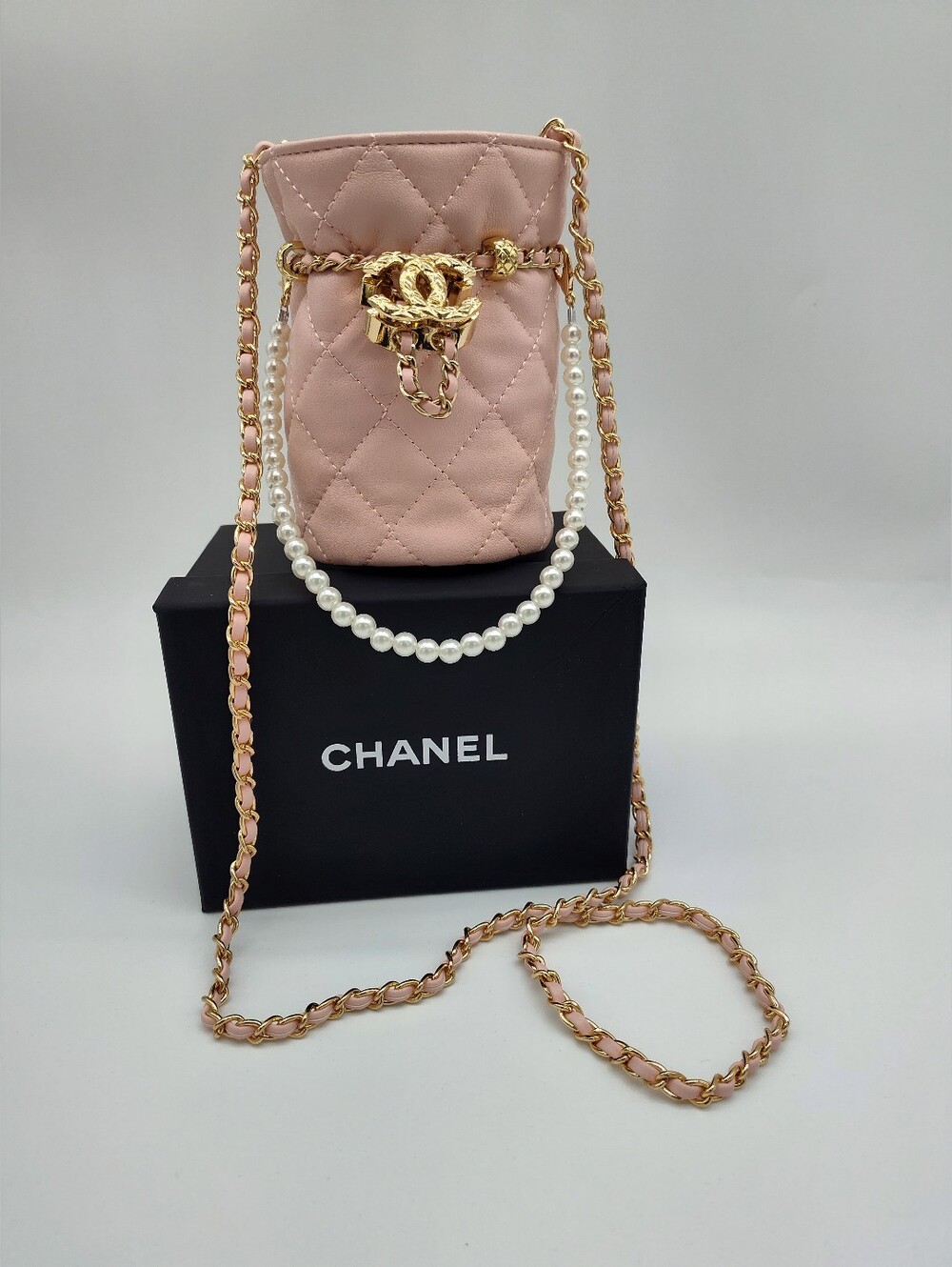 CHANEL New Release VIP Quilted Mini Bucket Bag Pearl Chain Pink Gold NIB
